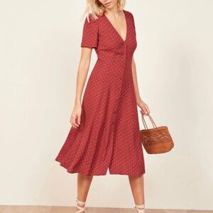 Reformation Rust Polka Dot Midi Dress